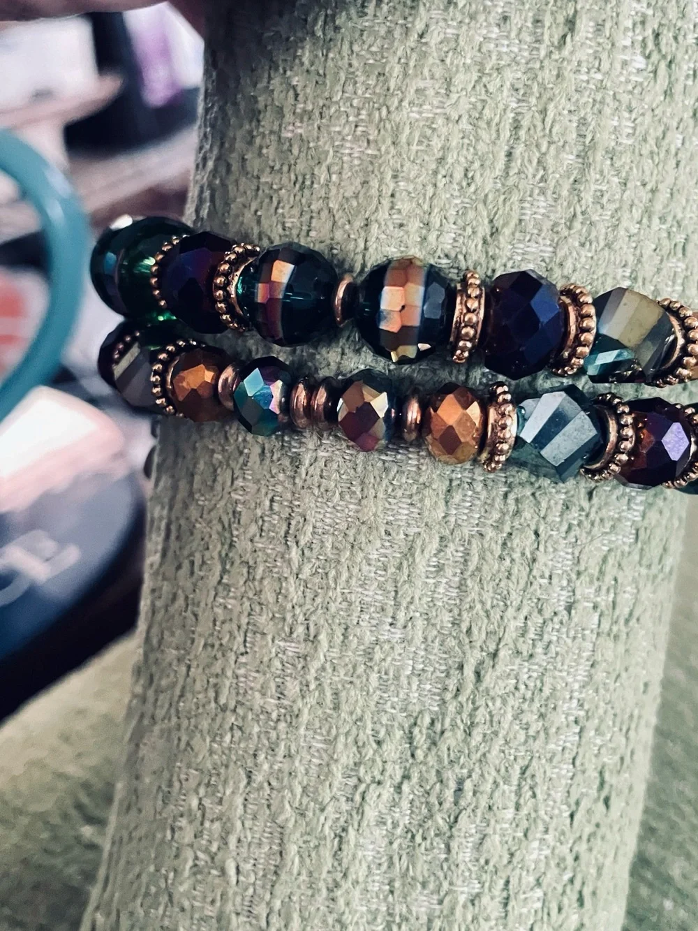 Iridized Green and Purple Beaded Bracelet with Treble Clef Charm Handcrafted